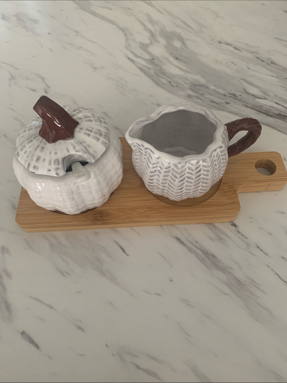White Ceramic Pumpkin Sugar Bowl and Creamer Set with Brown Stems